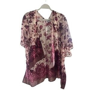 Lulla Collection by Bindya Burgundy Floral Burnout‎ Velvet Sheer Kimono Wrap NWT
